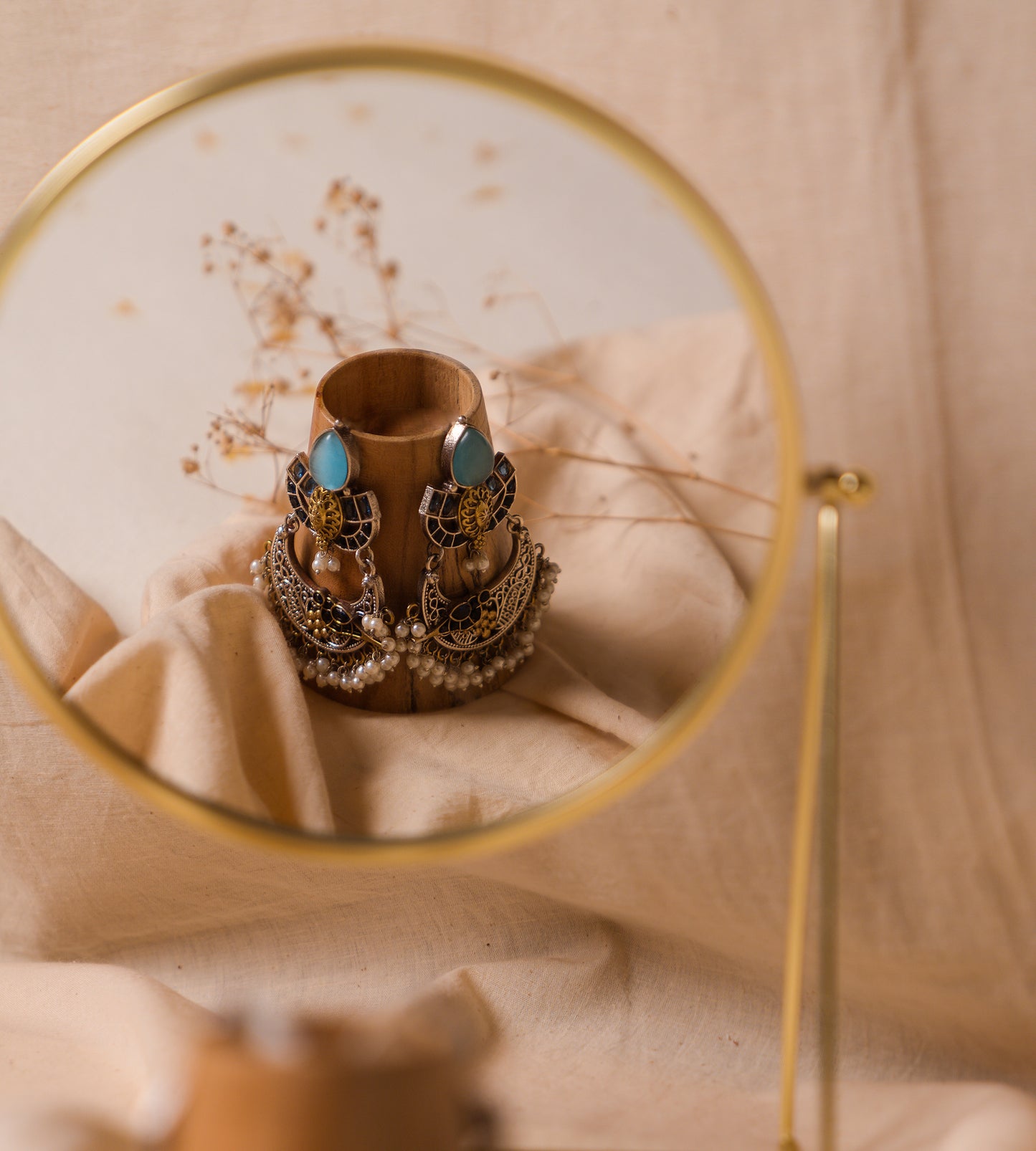 Gold Silver Blue Chand Earrings