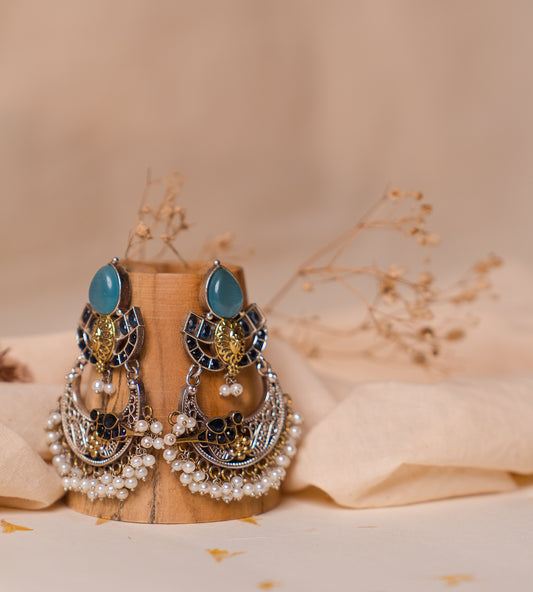 Gold Silver Blue Chand Earrings