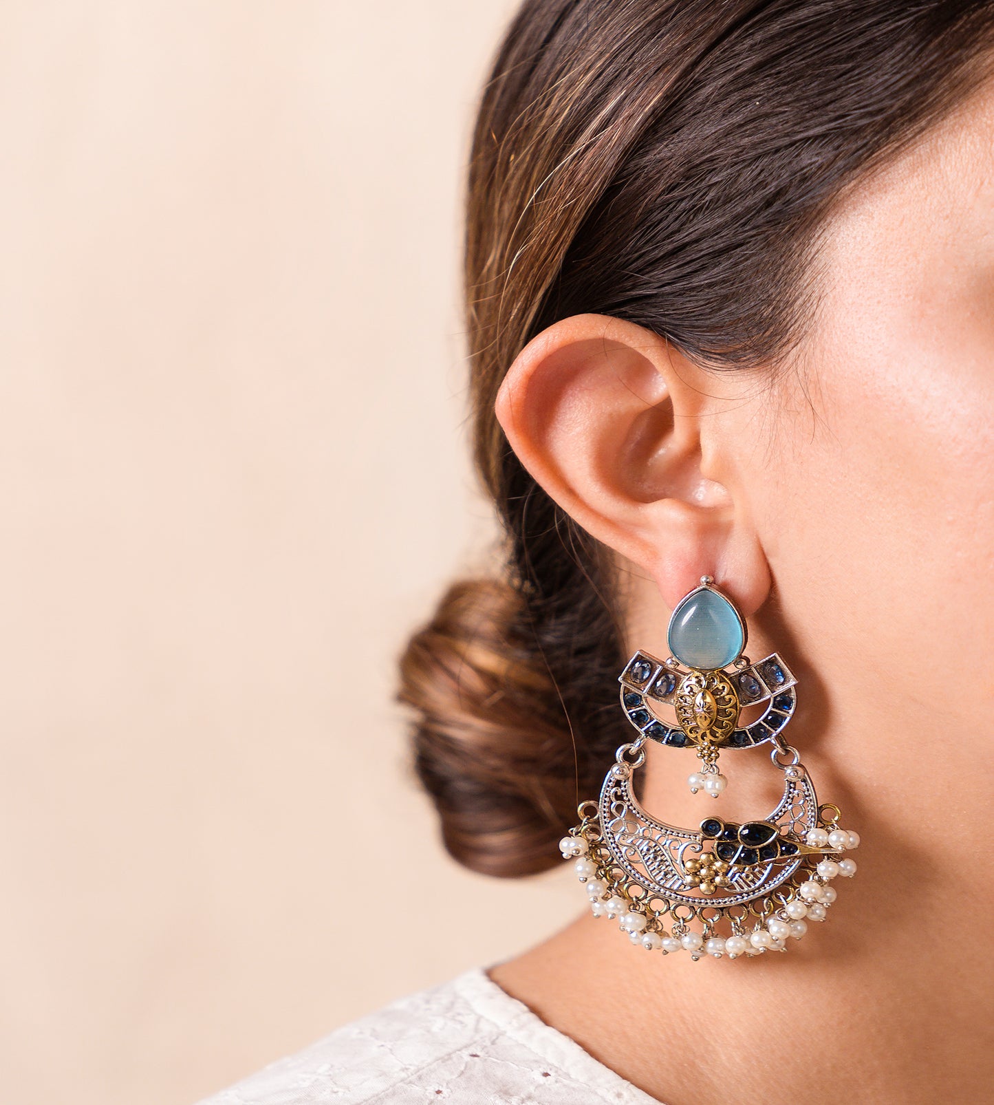 Gold Silver Blue Chand Earrings