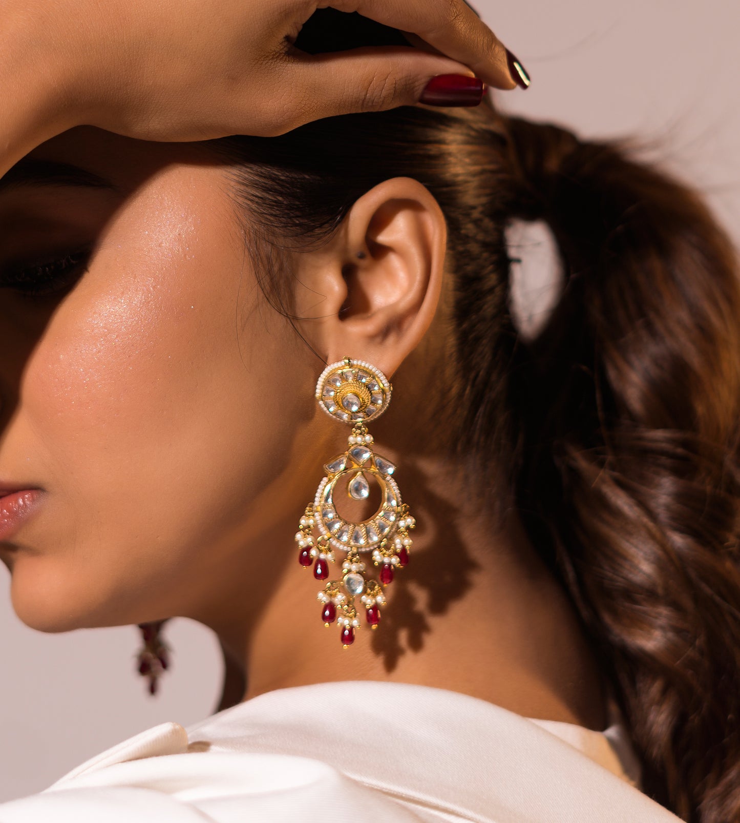 Ruby White Chand Earrings